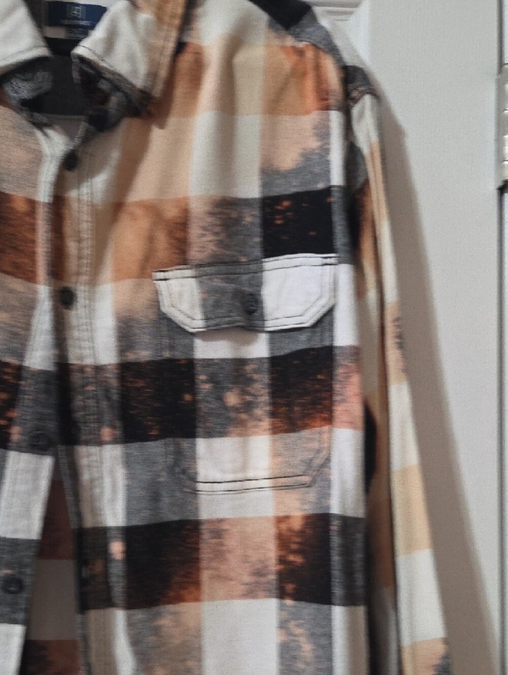 George Plaid Button-Down Flannel Shirt - Black, White & Brown Hand Bleached - Picture 5 of 12